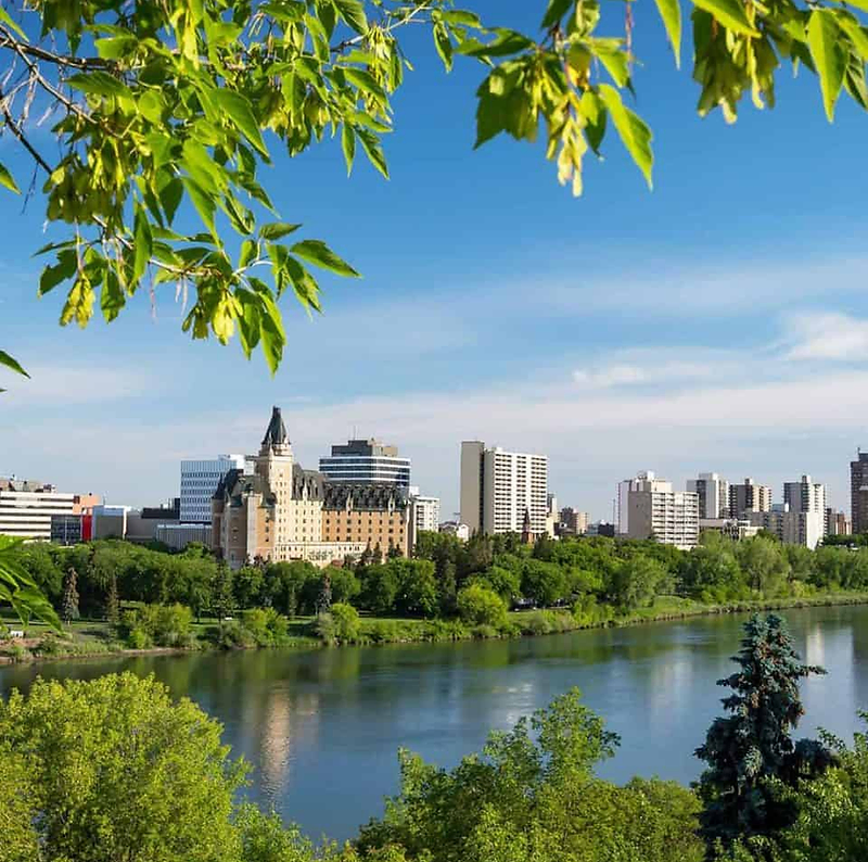 Saskatoon skyline and the Bessborough across the South Saskatchewan River