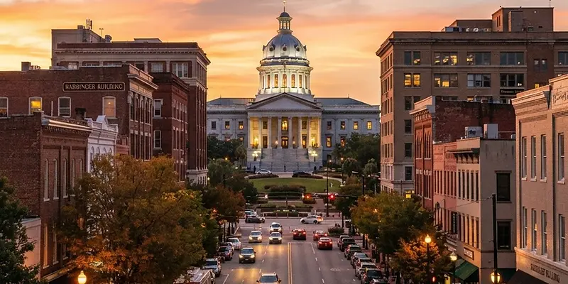 Downtown Columbia, South Carolina with the State House dome at golden hour