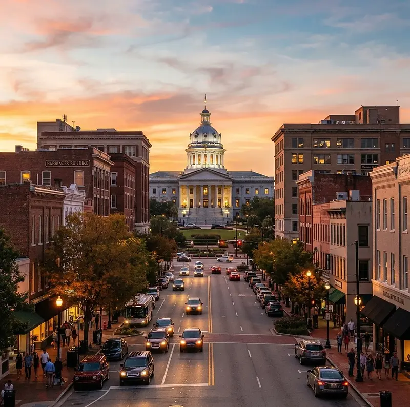 Downtown Columbia, South Carolina with the State House dome at golden hour