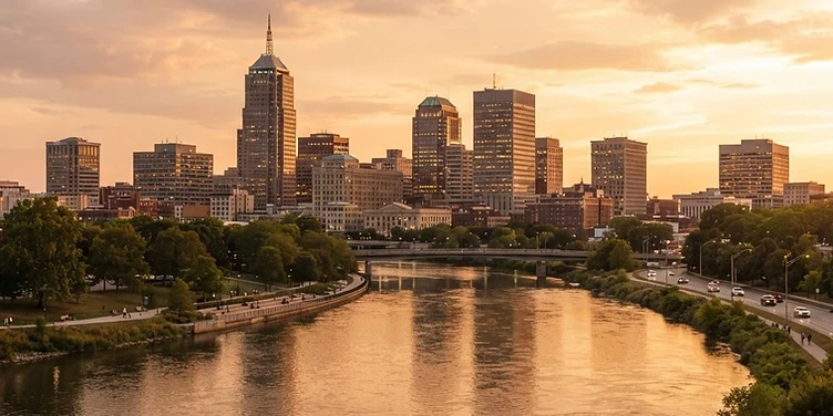 Downtown Dayton along the Great Miami River at golden hour