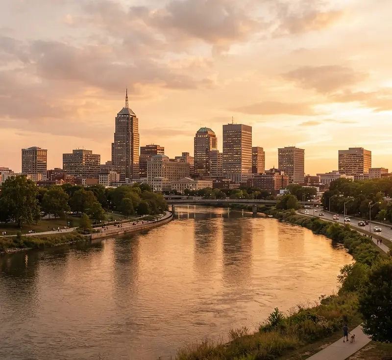 Downtown Dayton along the Great Miami River at golden hour
