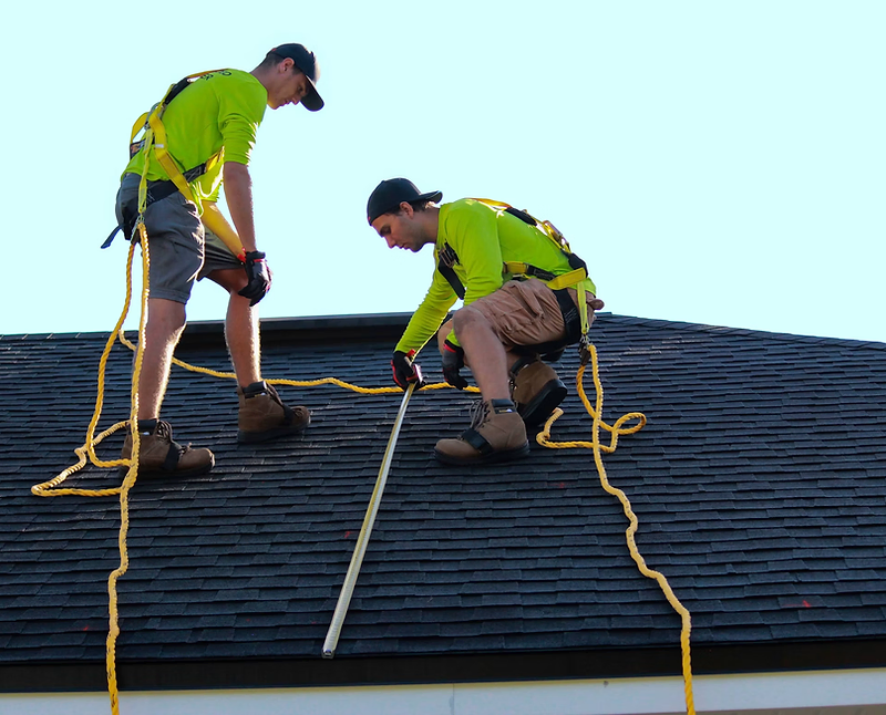Roofers in safety harnesses measuring a shingle roof