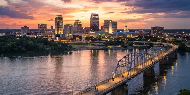 Little Rock skyline along the Arkansas River at sunset