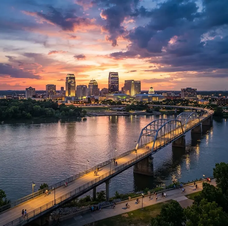 Little Rock skyline along the Arkansas River at sunset
