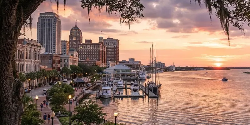 Live oaks and historic buildings in downtown Mobile, Alabama at sunset