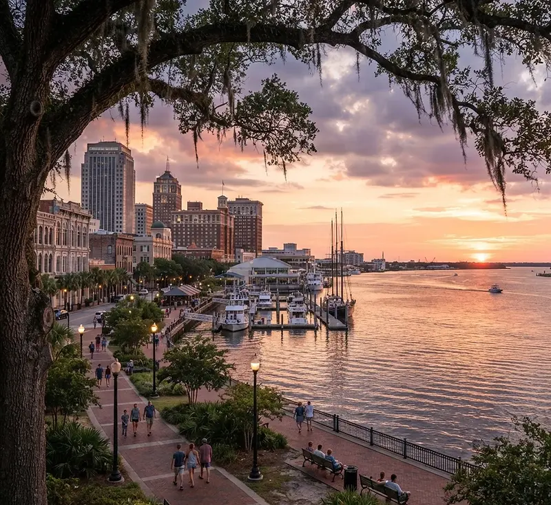 Live oaks and historic buildings in downtown Mobile, Alabama at sunset
