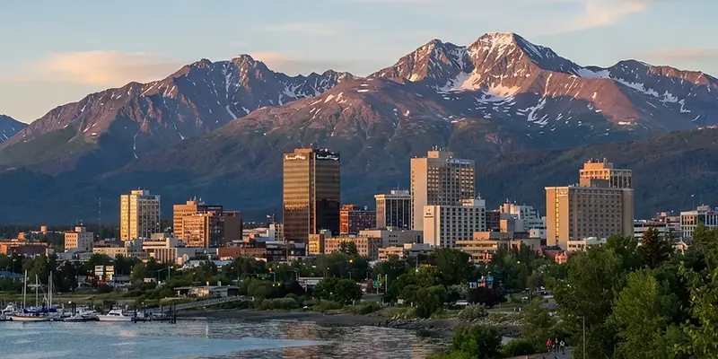 Downtown Anchorage with the Chugach Mountains behind