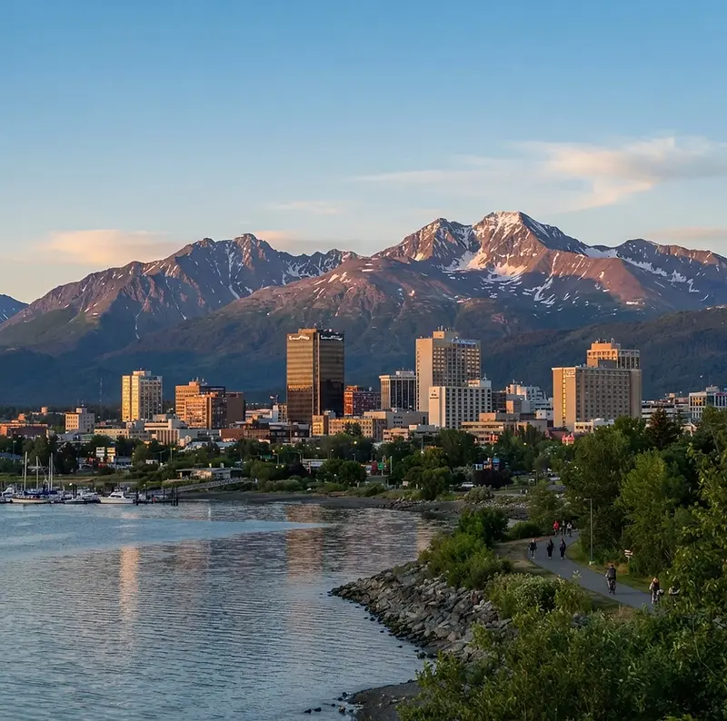 Downtown Anchorage with the Chugach Mountains behind
