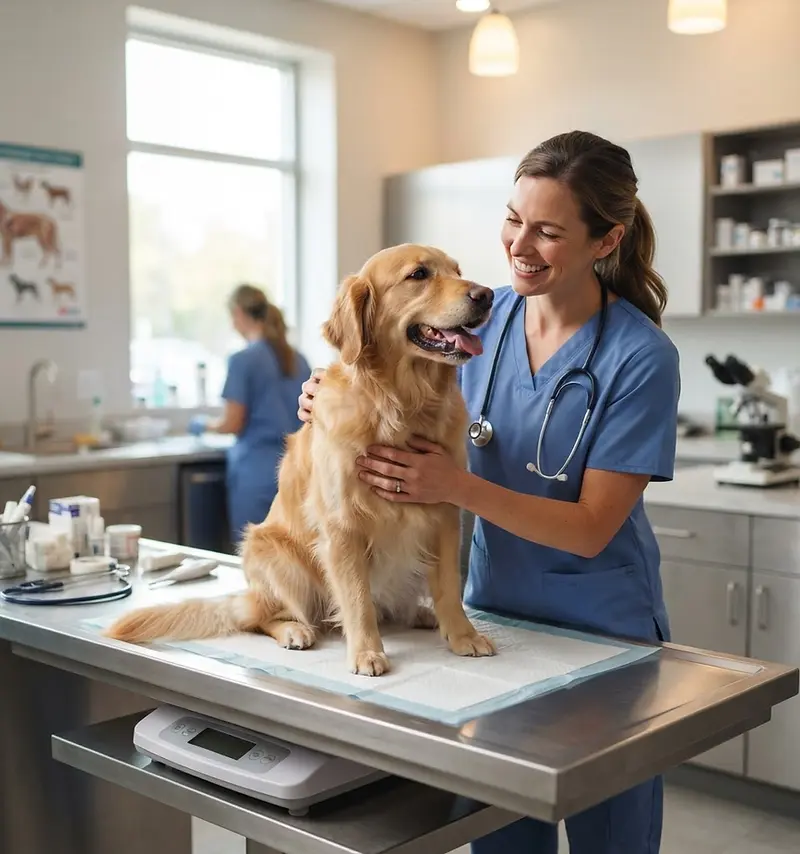 Veterinary website design: vet examining a happy dog in a bright clinic