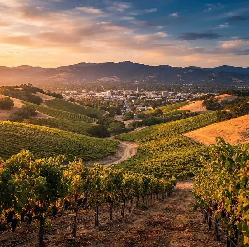 Santa Rosa vineyard hills with downtown in the distance