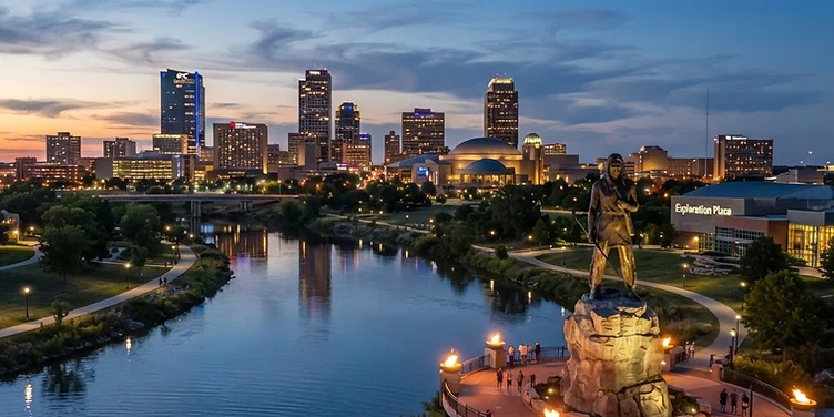 Wichita skyline along the Arkansas River at dusk