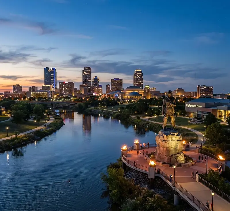 Wichita skyline along the Arkansas River at dusk