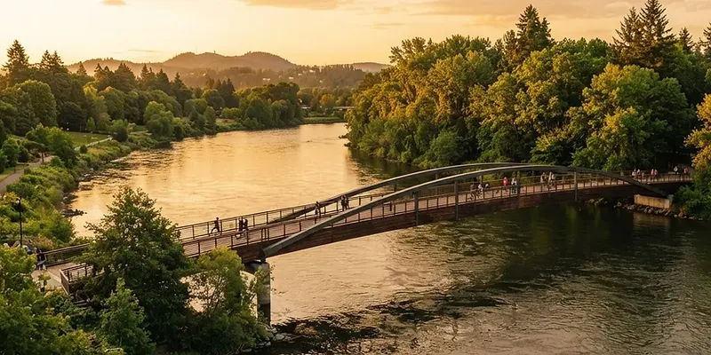 Willamette River and footbridge in Eugene, Oregon