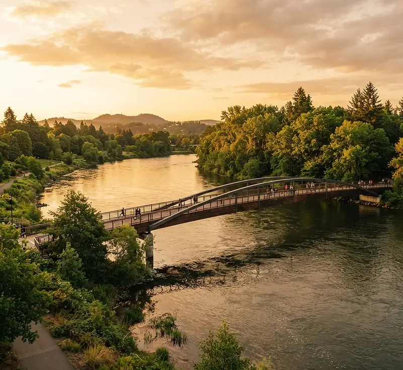Willamette River and footbridge in Eugene, Oregon