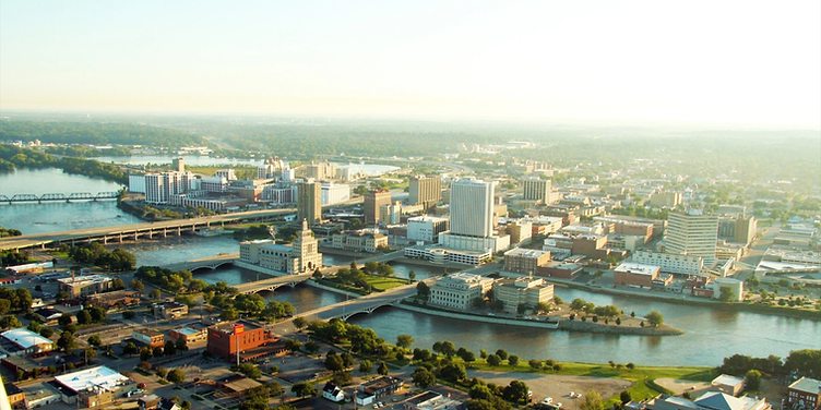 Aerial view of downtown Cedar Rapids along the Cedar River