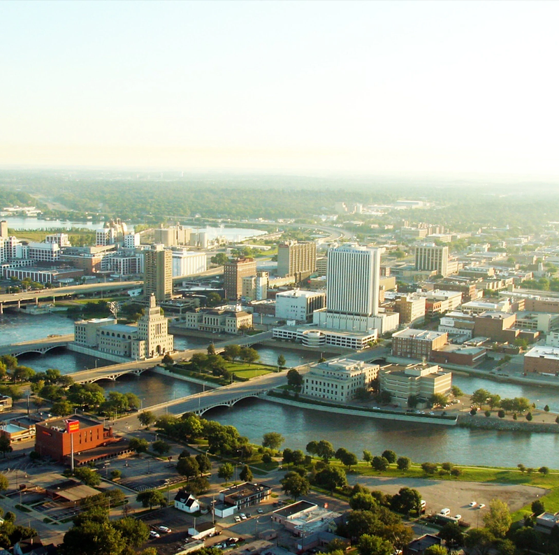 Aerial view of downtown Cedar Rapids along the Cedar River