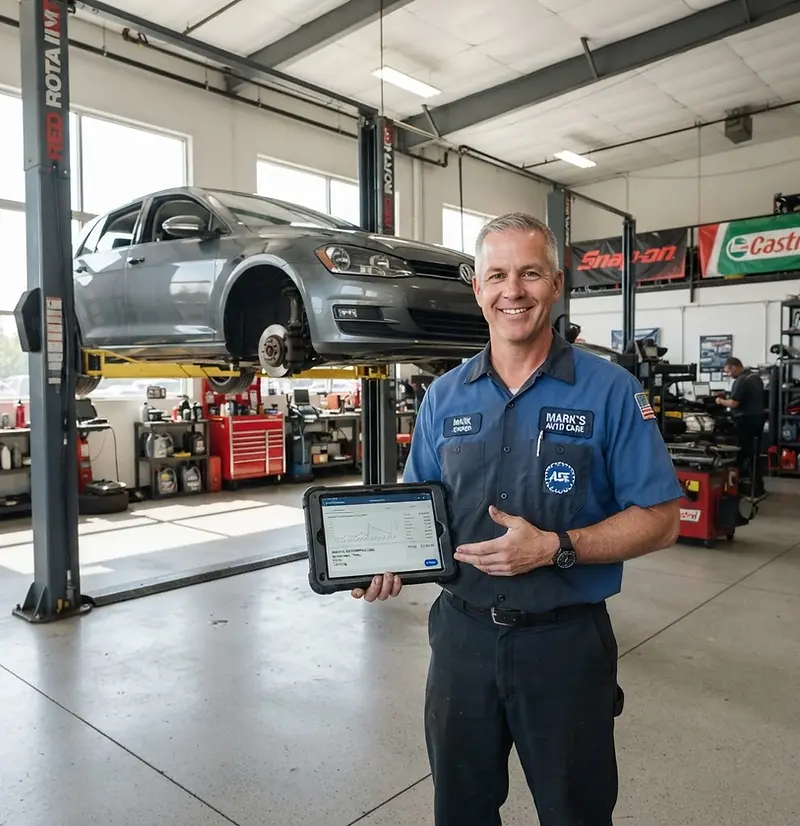 Auto repair website design: shop owner with tablet next to a car on a lift