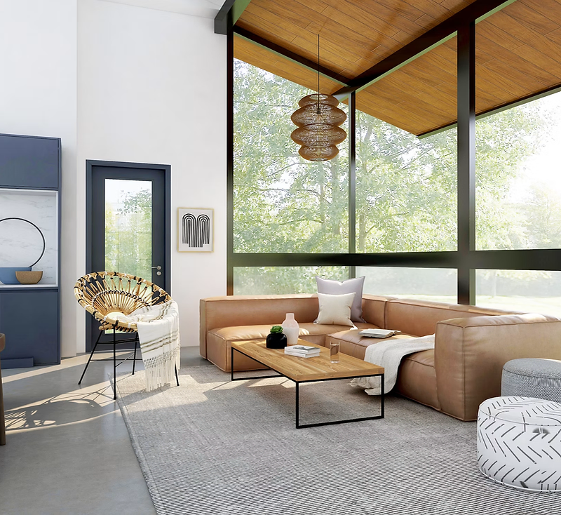 Bright modern living room with leather sectional and floor-to-ceiling windows