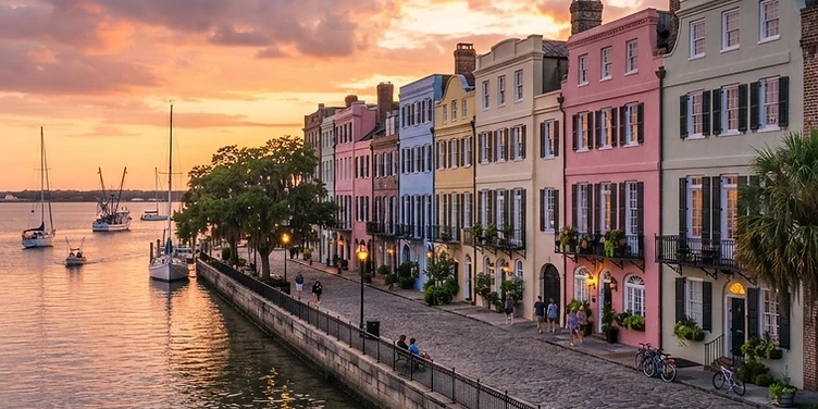 Colorful historic row houses on the Charleston waterfront at sunset