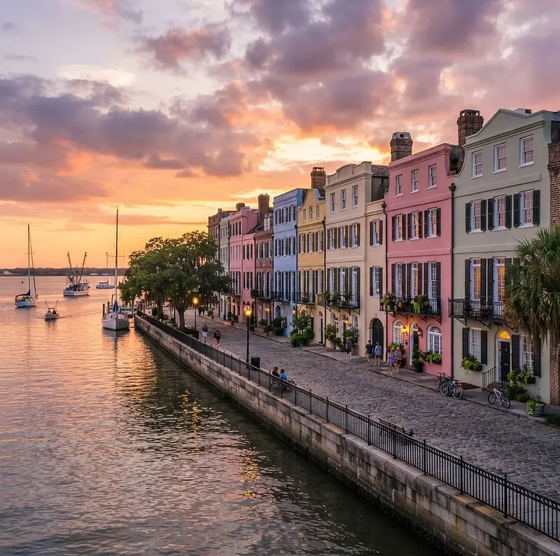 Colorful historic row houses on the Charleston waterfront at sunset