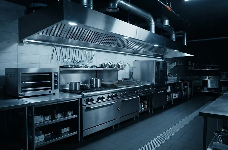 Commercial kitchen hood and cooking line in a Chicago restaurant