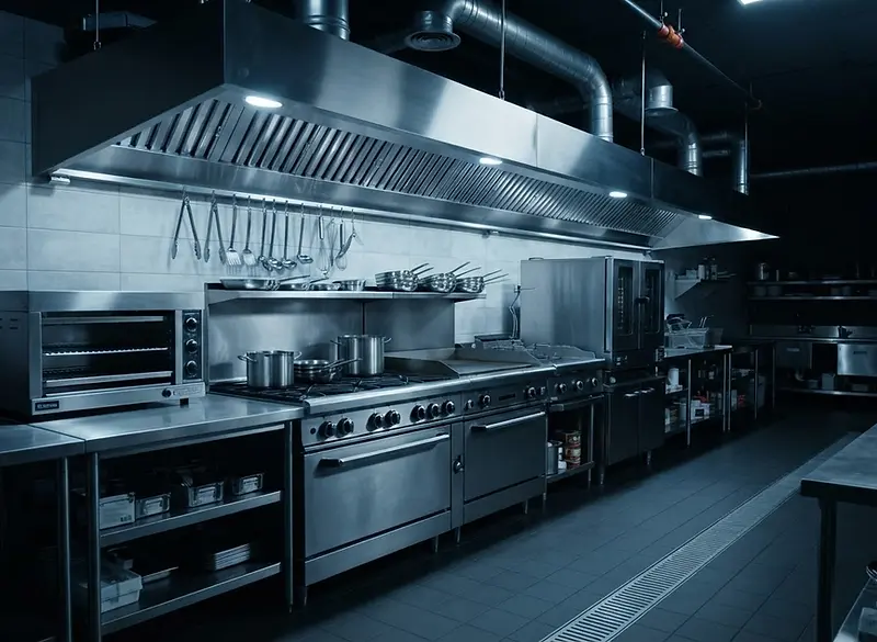 Commercial kitchen hood cleaning in Chicago — stainless steel cooking line