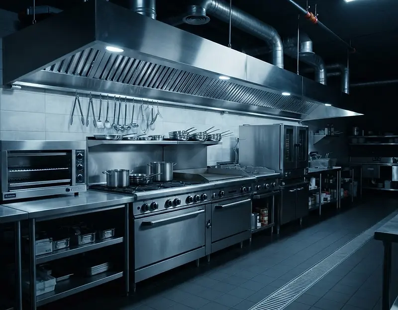 Commercial restaurant kitchen cooking line with stainless steel hood vents overhead