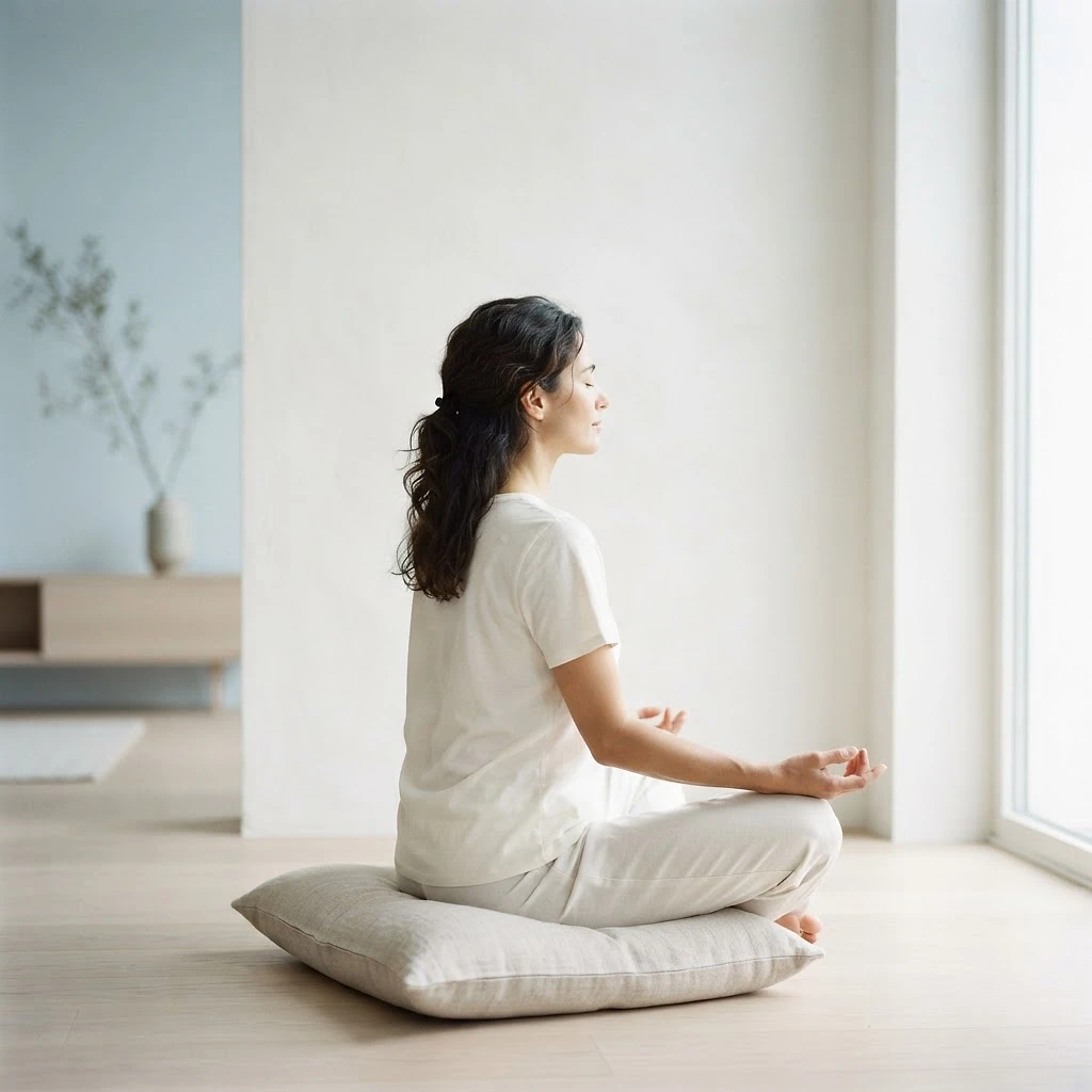 Mujer respirando con calma en un entorno zen de luz clara