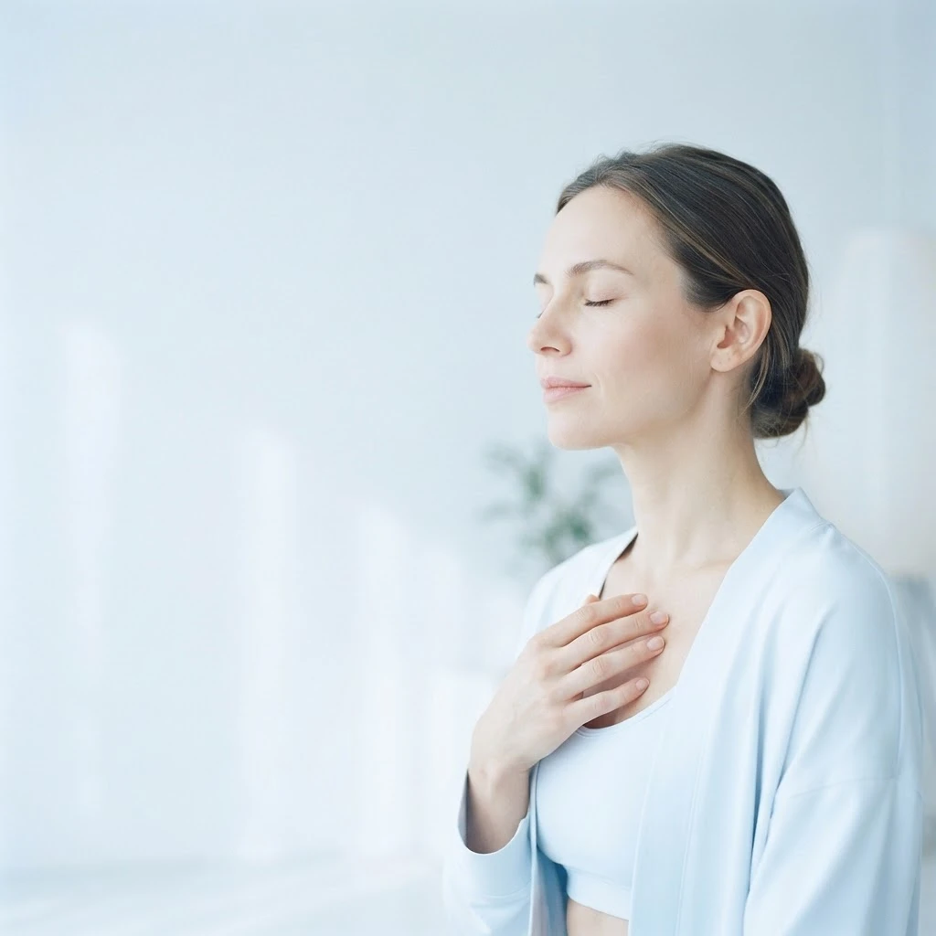 Mujer respirando con calma en un entorno zen de luz clara