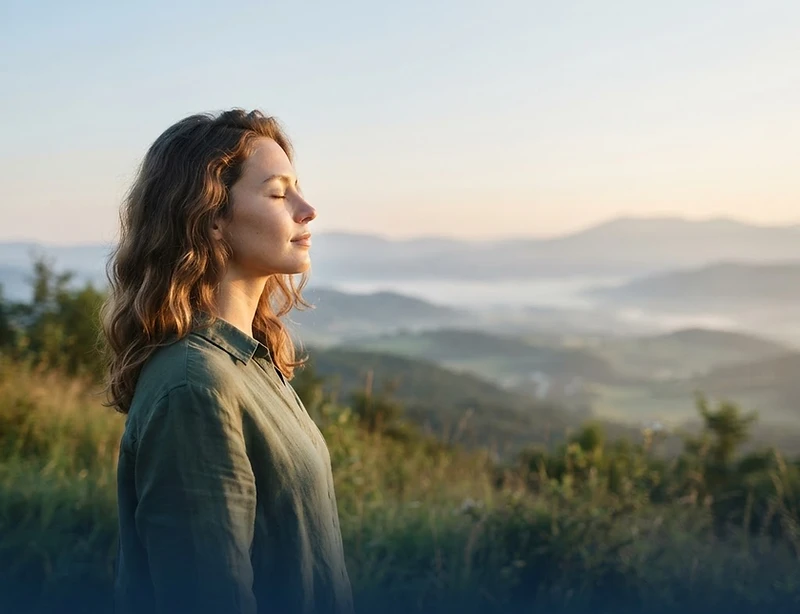 Mujer con los ojos cerrados respirando con calma al amanecer en la naturaleza