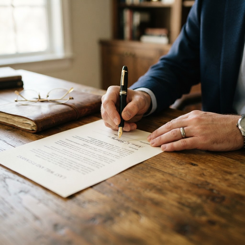 Signing a legal document at a desk