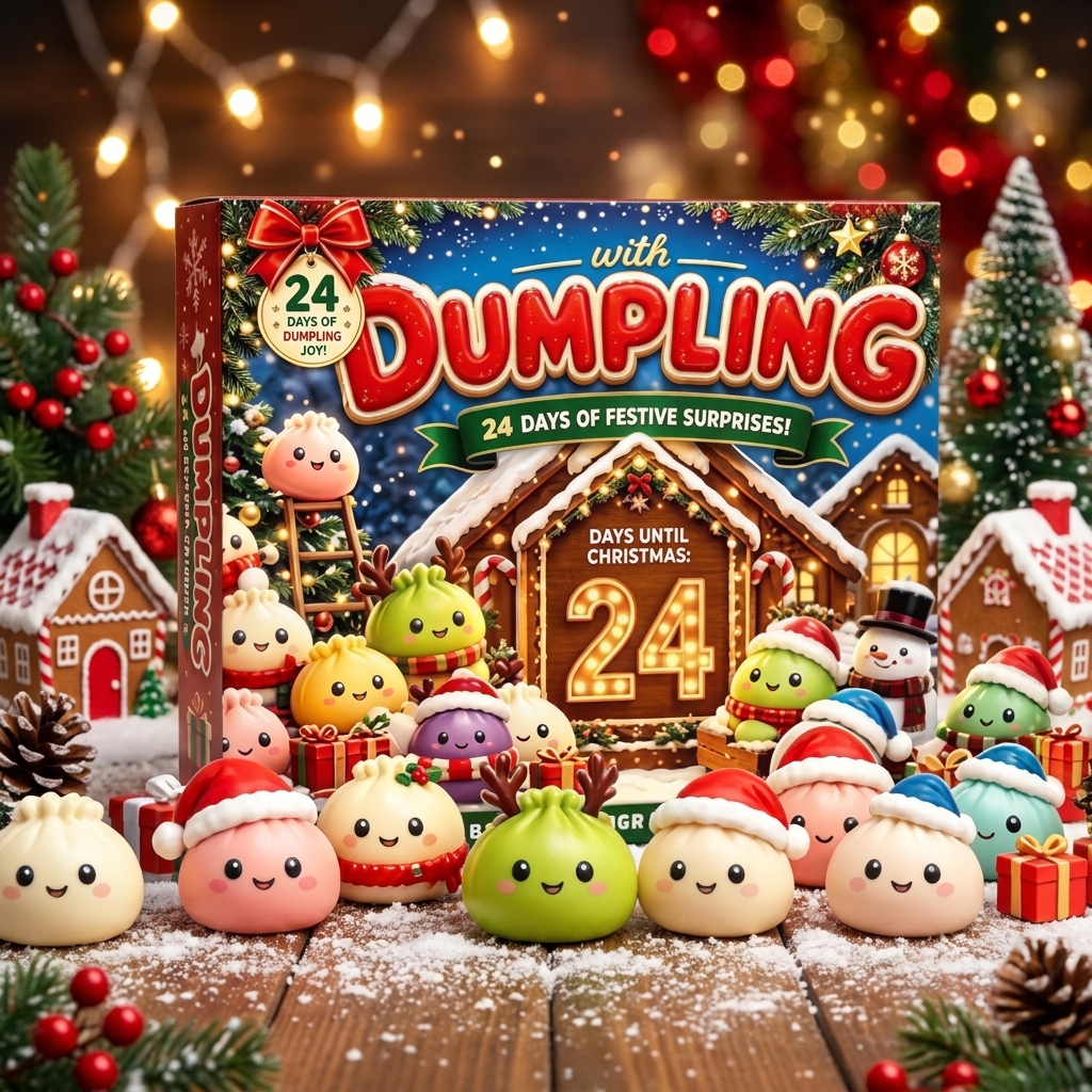 Mystery Dumpling advent calendar on a cozy wooden table with Christmas lights