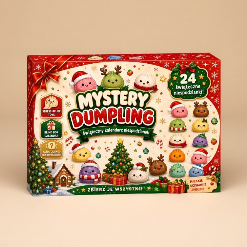 Mystery Dumpling advent calendar box covered in cute dumpling characters