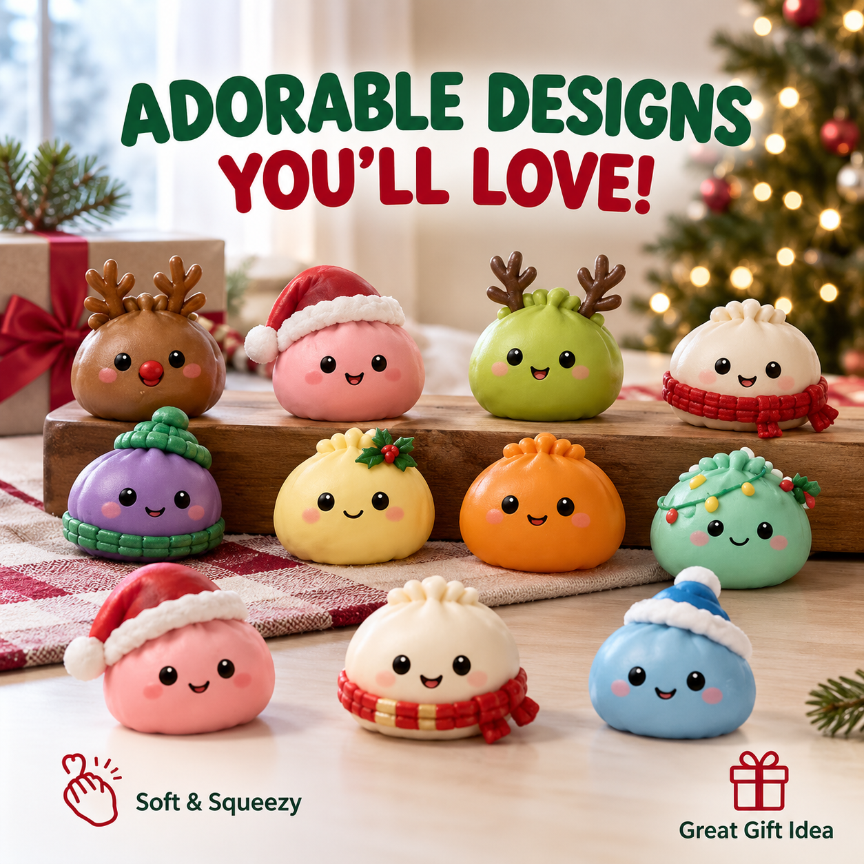 Adorable designs you'll love: eleven PipZoo squishy dumpling characters in festive hats and scarves