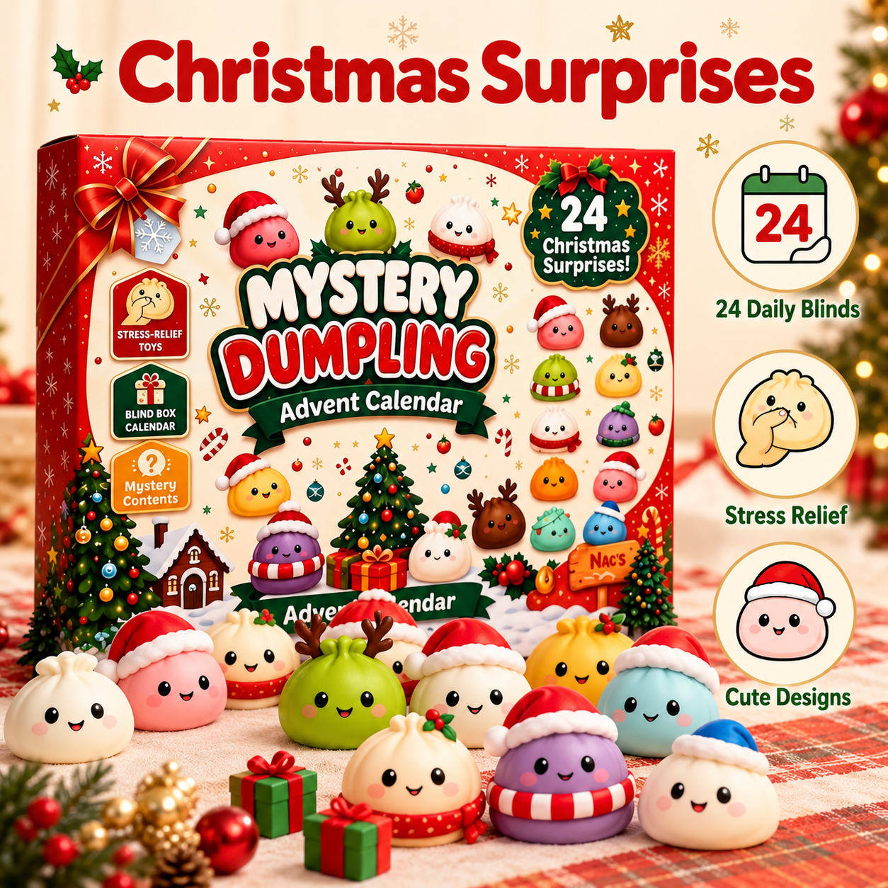 Mystery Dumpling advent calendar with Christmas surprises, stress relief toys, and cute designs