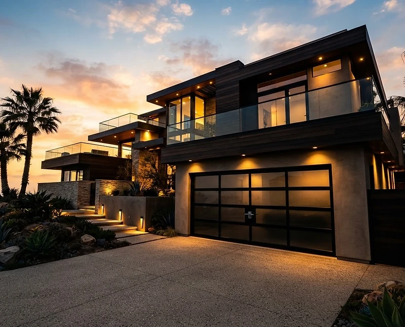 Modern San Diego home with a black glass garage door at golden hour
