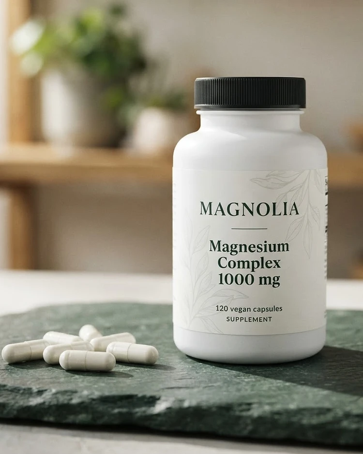 MAGNOLIA magnesium complex 120-capsule bottle on dark green slate with scattered capsules