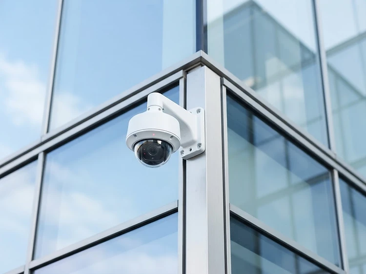AI security dome camera on a modern building