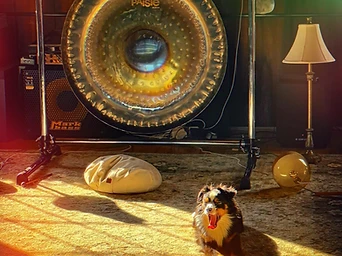 A dog resting beneath a gong in warm light