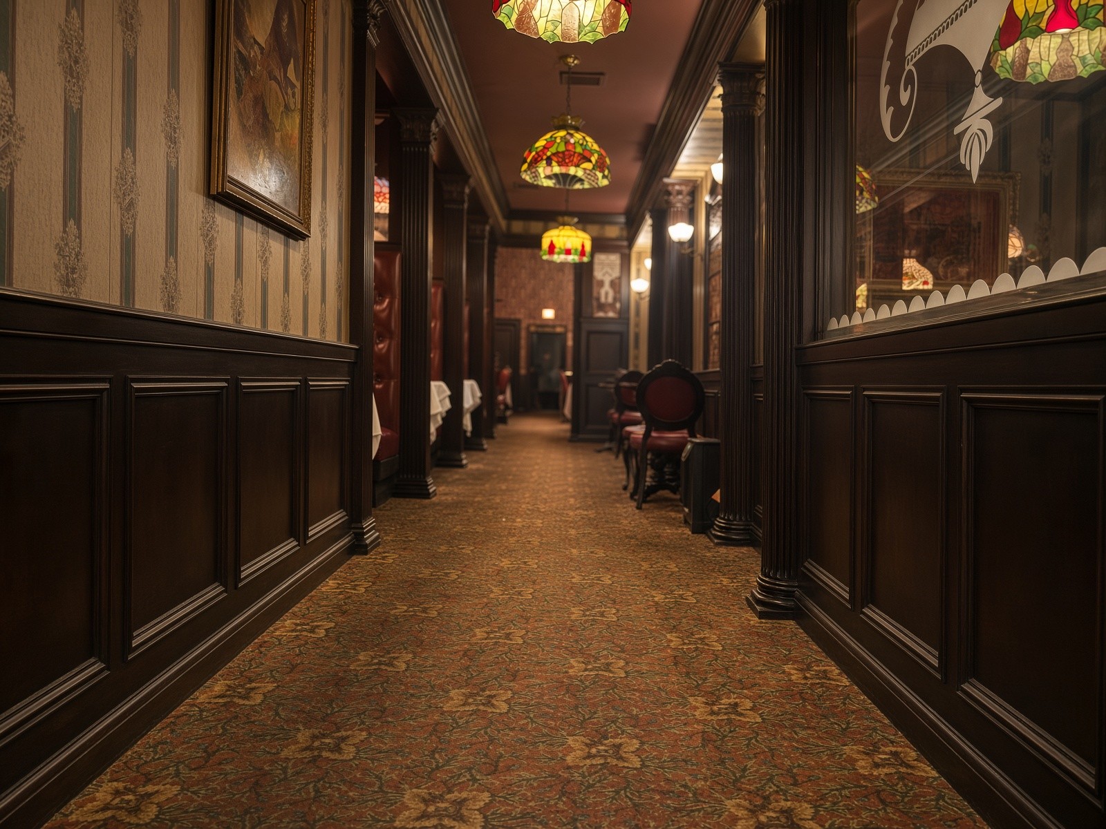 Wood-paneled library hallway