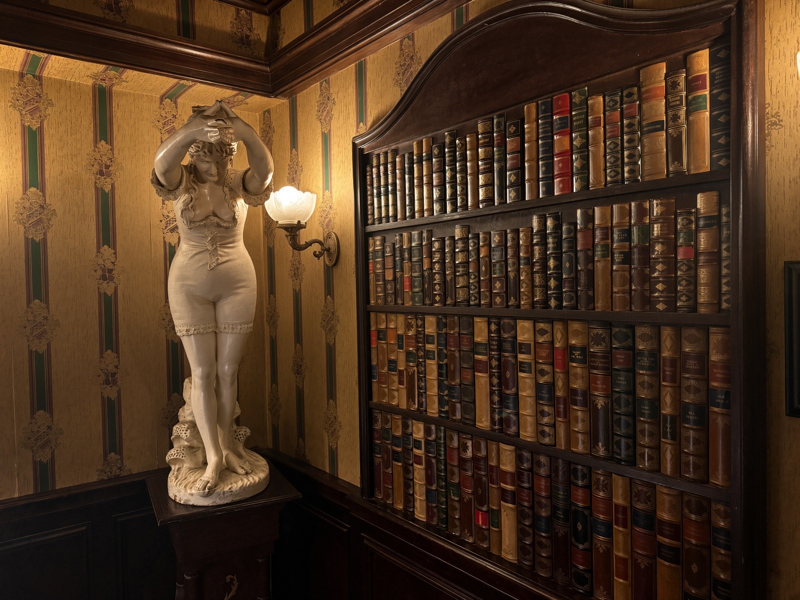 Marble statue and bookcase