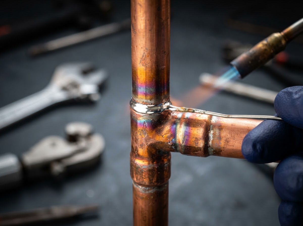Copper plumbing joint macro