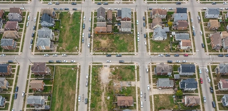 Aerial view of a Milwaukee neighborhood with vacant infill lots