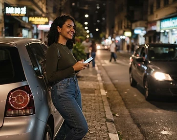 Person waiting for friends on a street at night, next to a car