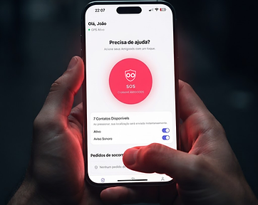 Hands holding a phone showing the iGood emergency alert screen