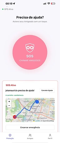 SOS active screen with map and real-time location