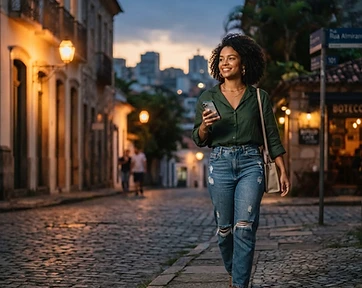 Person walking through the city at dusk with a phone in hand