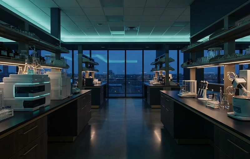 A modern research laboratory at dusk with analytical instruments in soft teal and gold light.