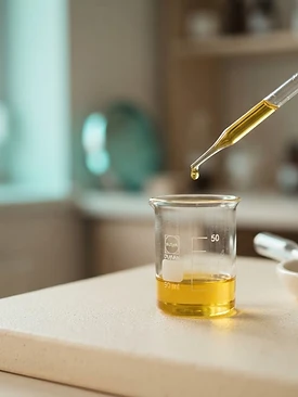 Minimal laboratory beakers and pipettes with a drop of golden oil, reflecting soft teal light on a cream surface.