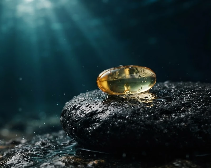 A single golden omega-3 softgel resting on wet black stone, lit by natural side light against a deep ocean backdrop with fine sea spray.